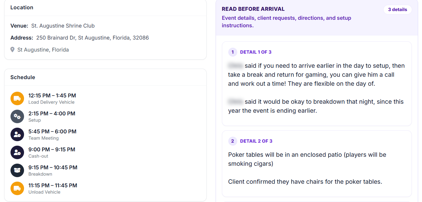 Event Inflow shift page showing the venue, a staff member's schedule from loading to unloading, and Read Before Arrival notes from the client