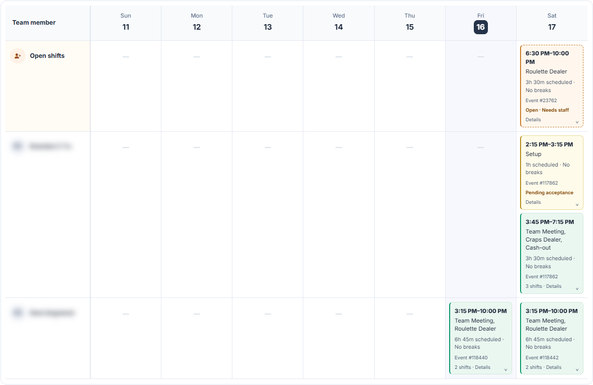Event Inflow Team Schedule showing an open roulette dealer shift marked Needs staff and two team members' shifts for the week, one pending acceptance