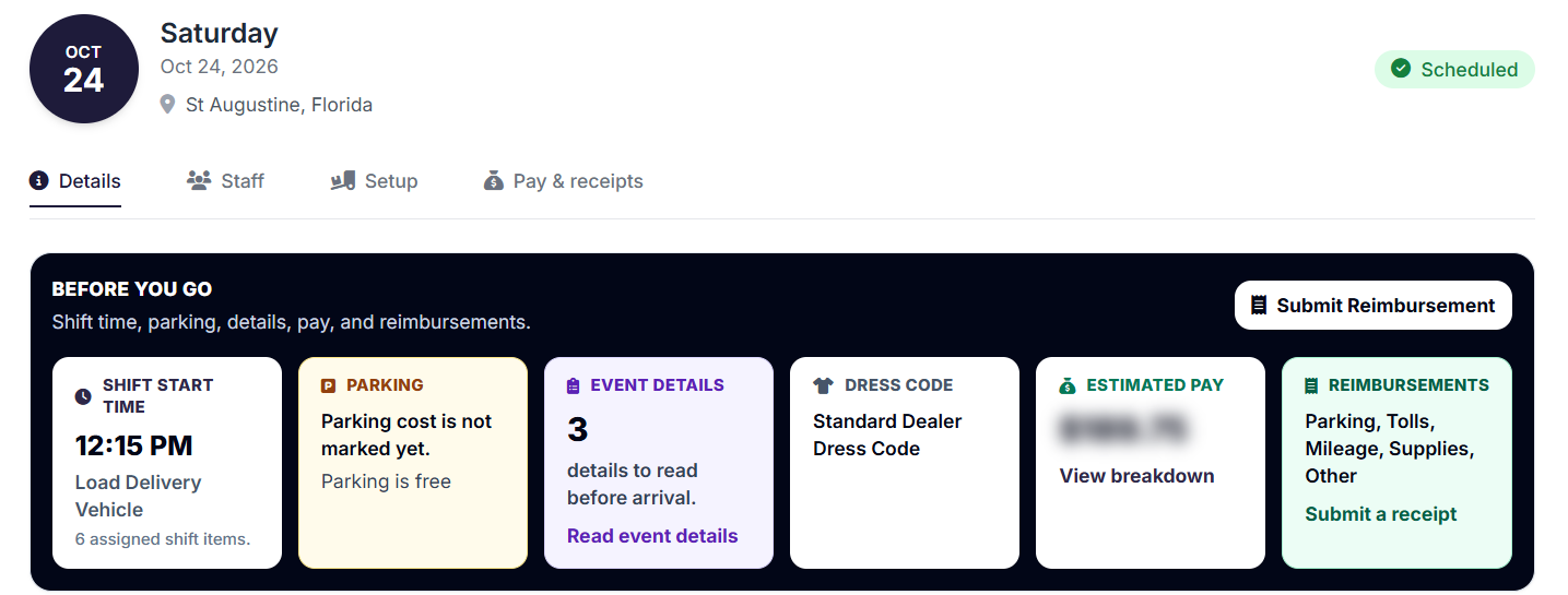 Event Inflow staff shift page with a Before You Go summary of shift start time, parking, event details, dress code, estimated pay, and reimbursements