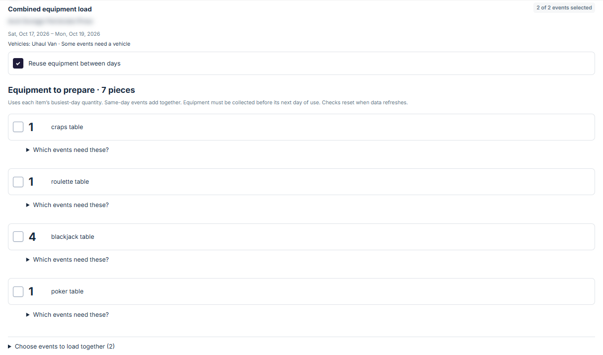 Event Inflow load list for one driver combining equipment from two events into 7 pieces to prepare