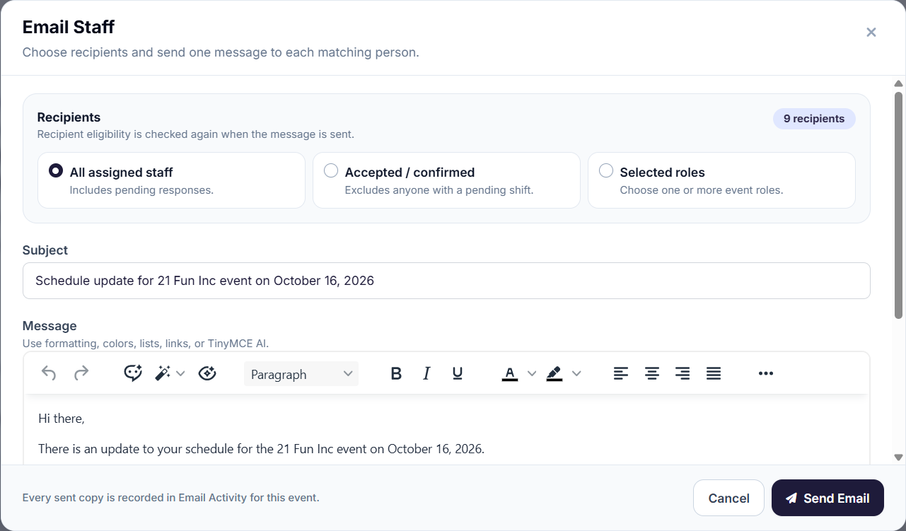 Event Inflow Email Staff window with options to email all assigned staff, only confirmed staff, or selected roles, and a pre-filled schedule update message