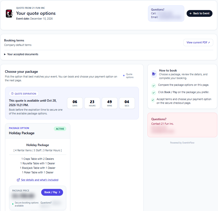 Event Inflow client quote page with a package option, a countdown to the quote's expiration, booking terms, and a Book / Pay button
