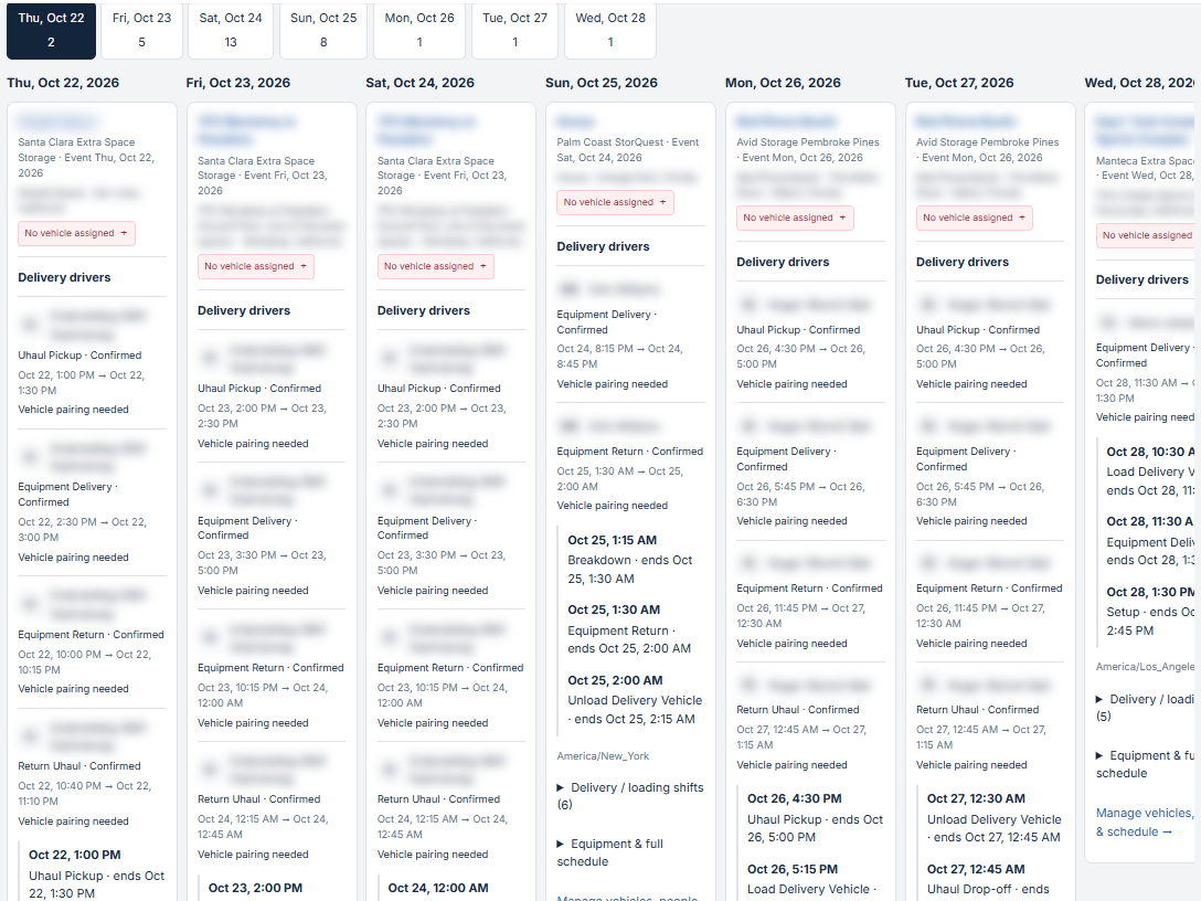 Event Inflow Daily schedule showing a week of deliveries, with each event's warehouse, vehicle status, and delivery driver shifts