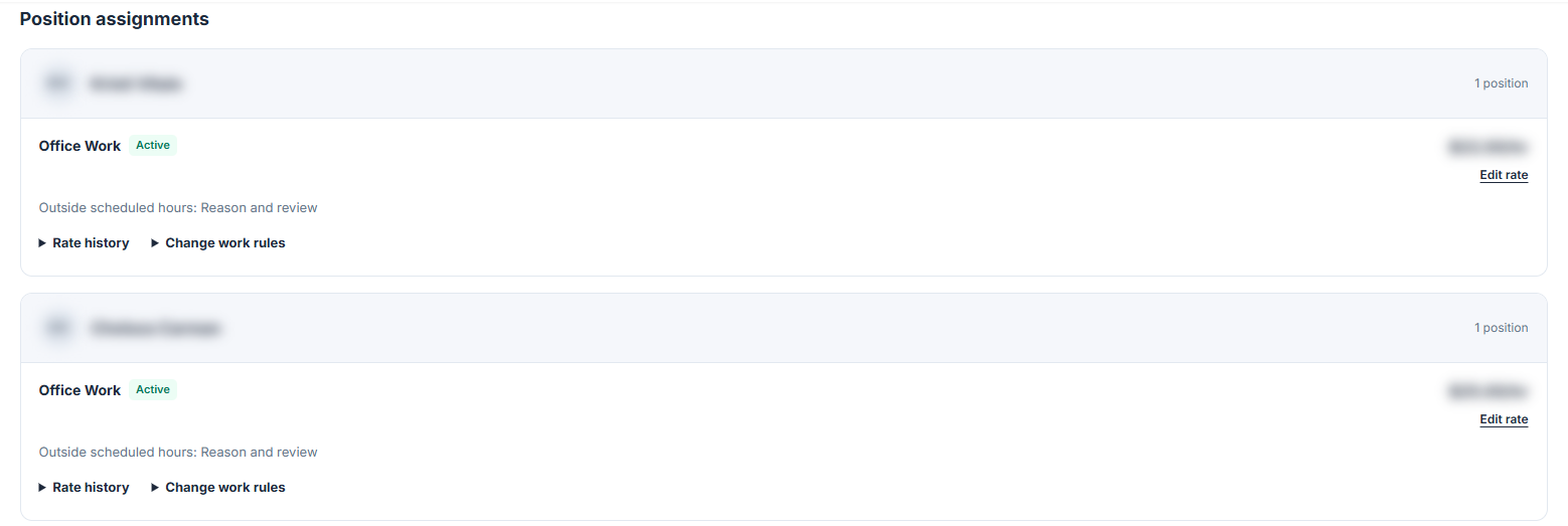 Event Inflow Positions & Pay list showing two Office Work assignments, each with a rule for work outside scheduled hours, with names and pay rates hidden