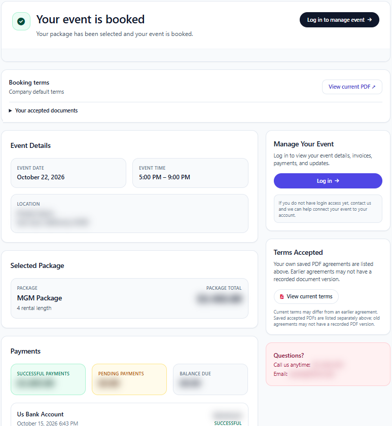 Event Inflow booked event page for a client, showing event details, the selected package, and successful payments, pending payments, and balance due