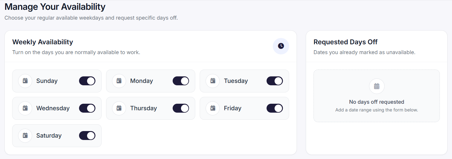 Event Inflow My Availability page with on/off switches for each weekday and a list of requested days off