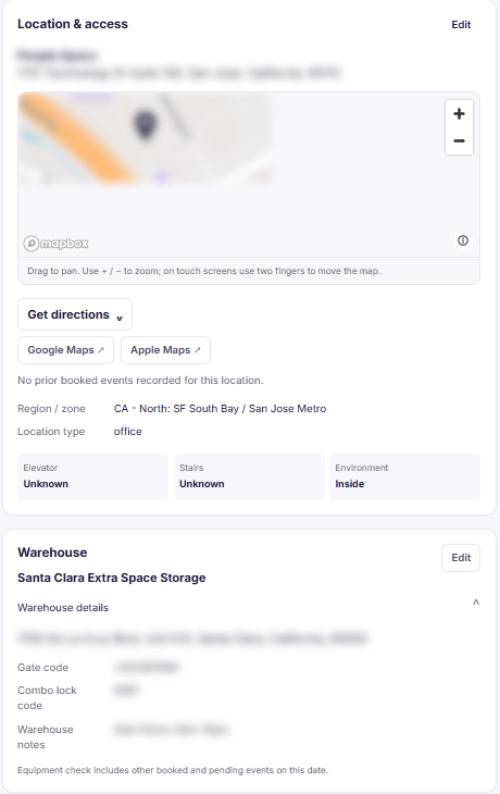 Event Inflow Location & access section with a map and Get directions links, above the Warehouse section with gate and lock codes