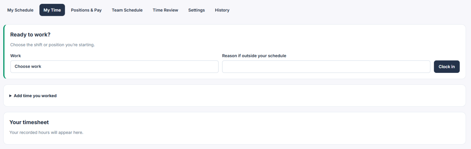 Event Inflow My Time tab with a Ready to work clock-in card, an Add time you worked section, and the staff member's timesheet