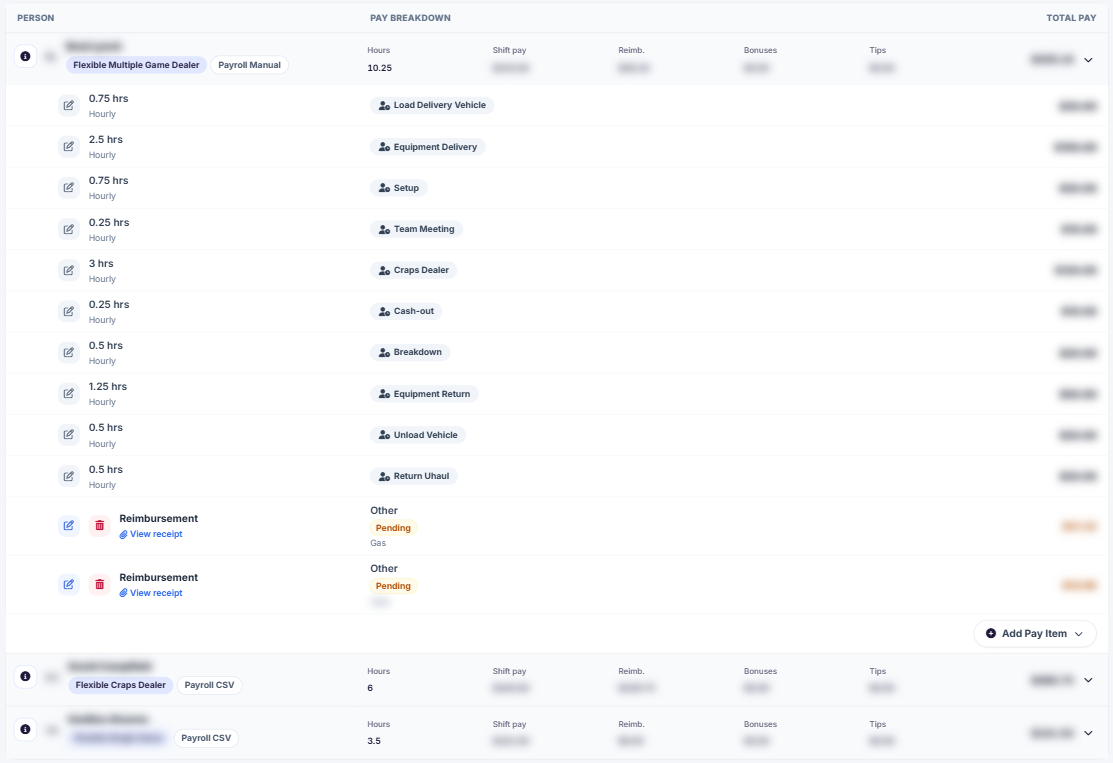 Event Inflow showing one worker’s pay broken down by shift and role, with reimbursements, receipts, and an Add Pay Item button