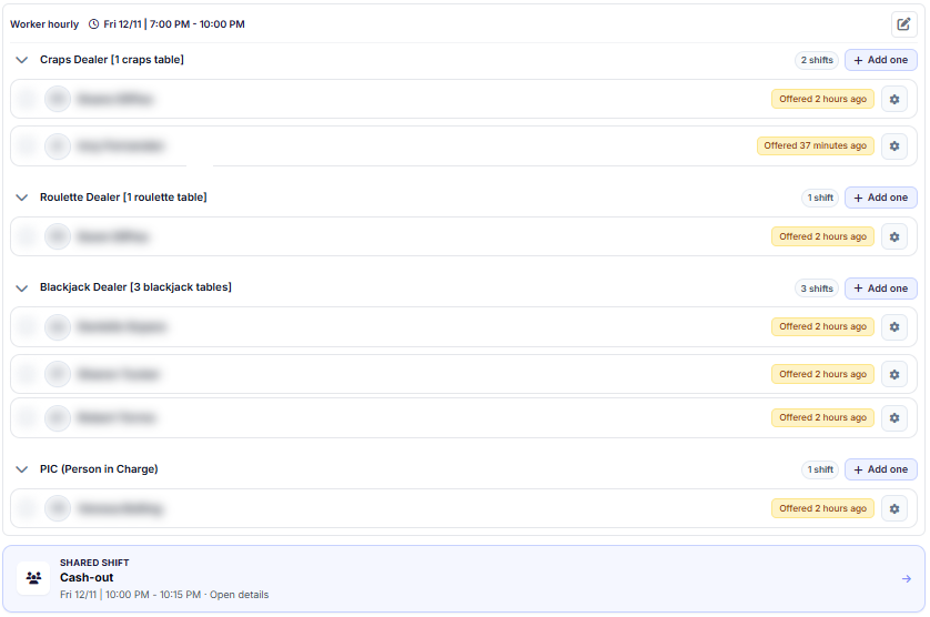 Event staffing screen in Event Inflow with dealer shifts grouped by table and shift offers sent to each dealer