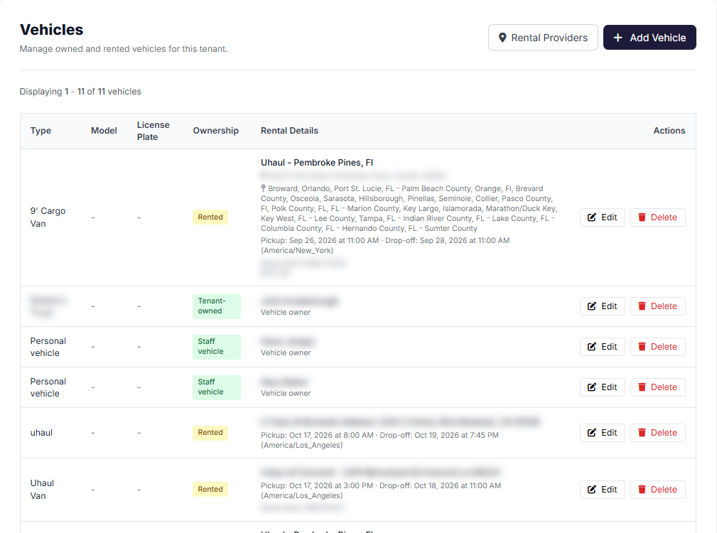 Event Inflow Vehicles page listing rented, company-owned, and staff vehicles, with rental pickup and drop-off times