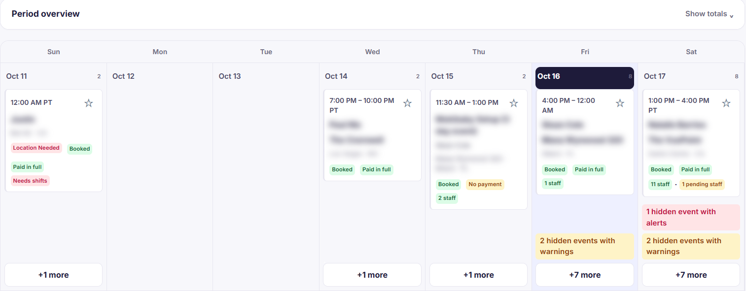Event Inflow calendar showing one week of events, each with its booking stage, payment status, and staffing, such as 11 staff, 1 pending staff, or Needs shifts