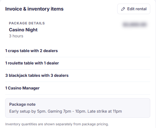 Casino Night quote in Event Inflow listing 1 craps table with 2 dealers, 1 roulette table, 3 blackjack tables, and a Casino Manager