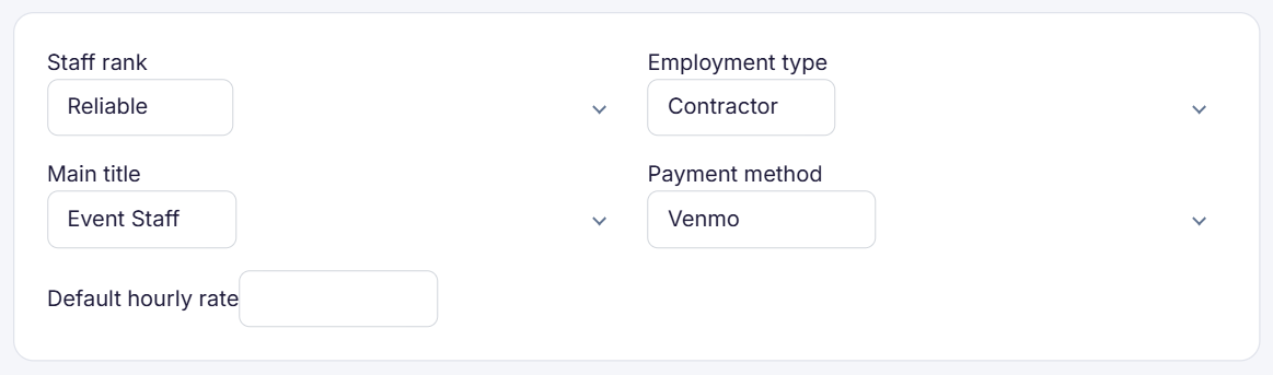 Staff pay settings in Event Inflow with employment type set to Contractor and payment method set to Venmo